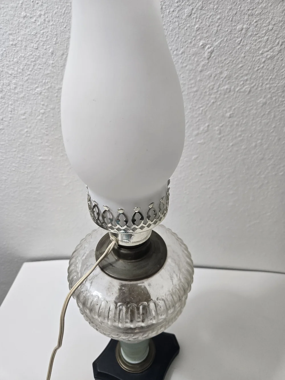 Vintage Glass Hurricane Table Lamp - White Frosted Shade
